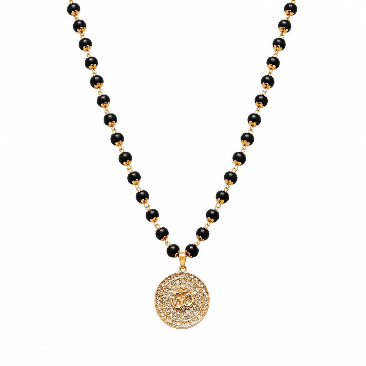 Divine Karungali Malai with Gold Capped Beads & Om Pendant