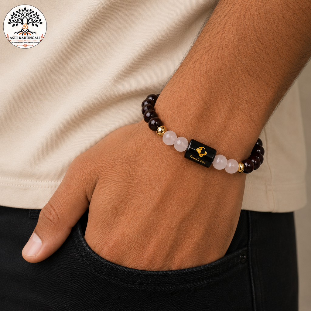 Capricorn (मकर राशि) Zodiac Garnet & Milky Quartz Bracelet