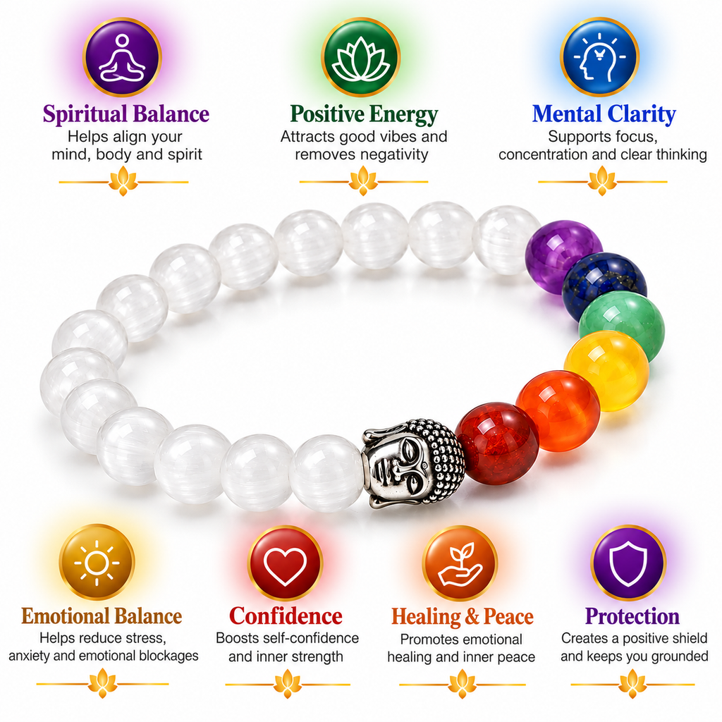 Natural Selenite 7 Chakra Bracelet for Balance & Positive Energy