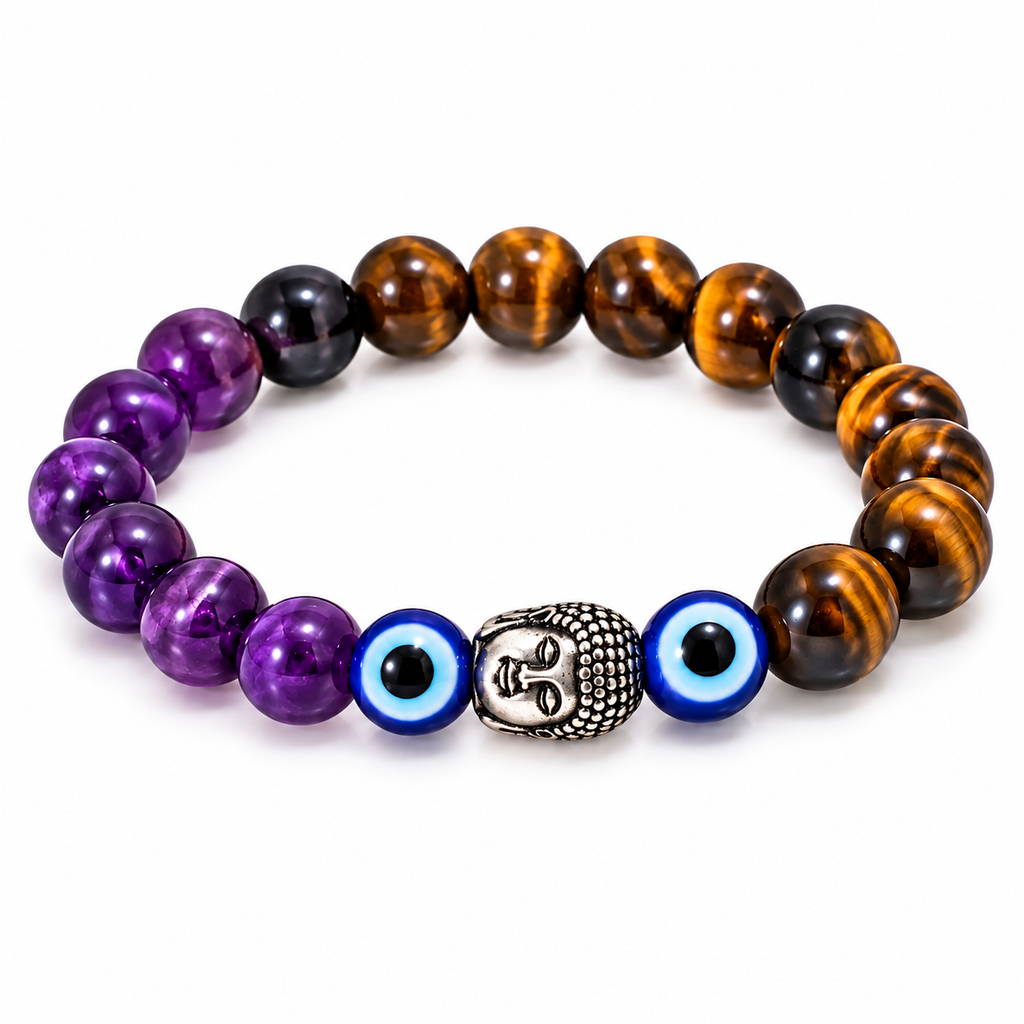 Amethyst & Tiger Eye Evil Eye Beads Bracelet