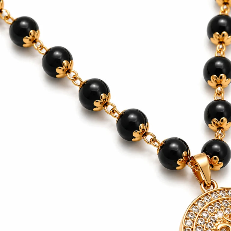 Divine Karungali Malai with Gold Capped Beads & Om Pendant