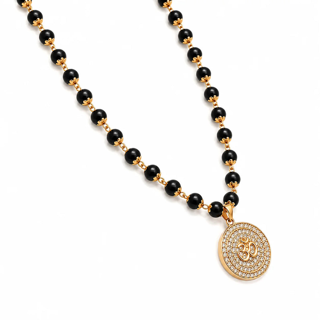 Divine Karungali Malai with Gold Capped Beads & Om Pendant
