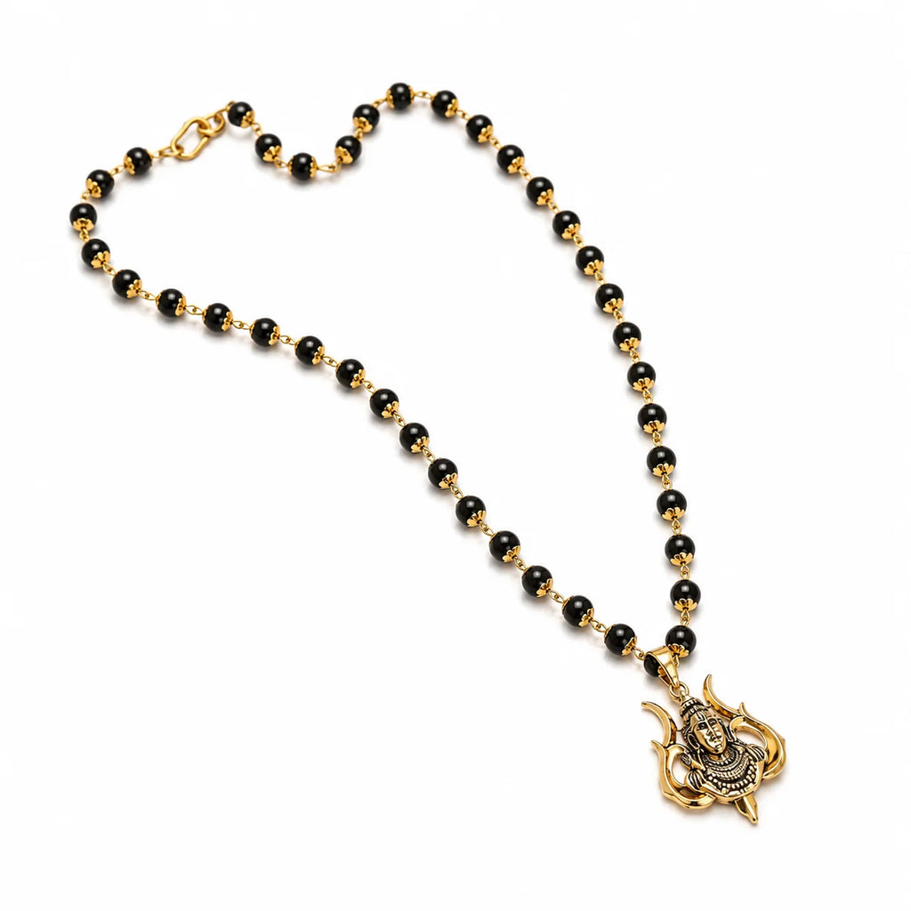 Divine Karungali Malai with Gold Capped Beads & Shiv Trishul Pendant