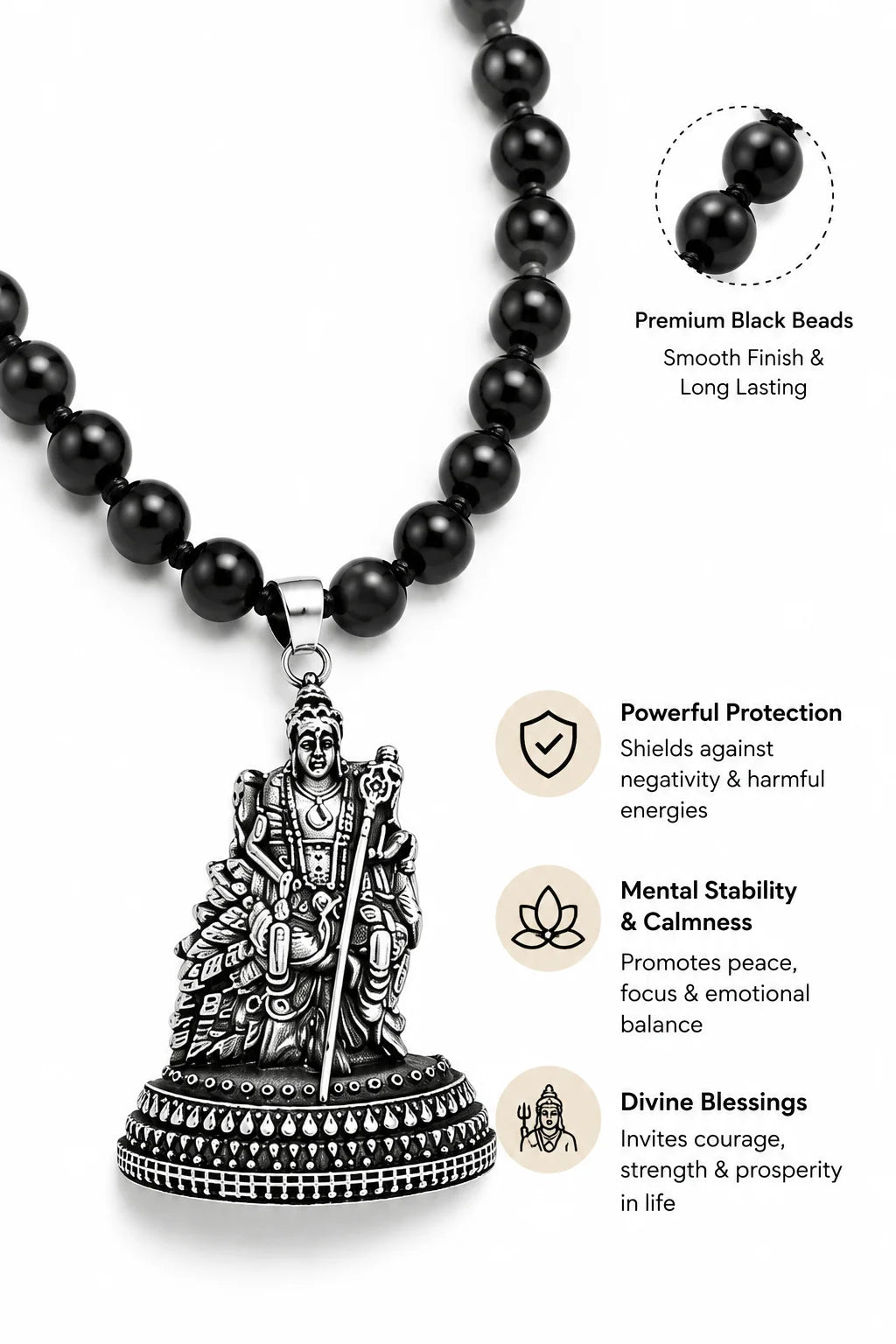 Karungali Malai with Lord Murugan with Base, Authentic Karungali (Ebony)