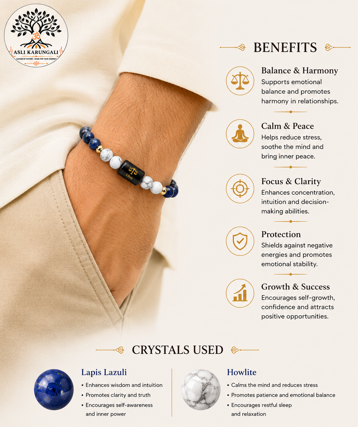 Libra (तुला राशि) Zodiac Lapis Lazuli & Howlite Bracelet