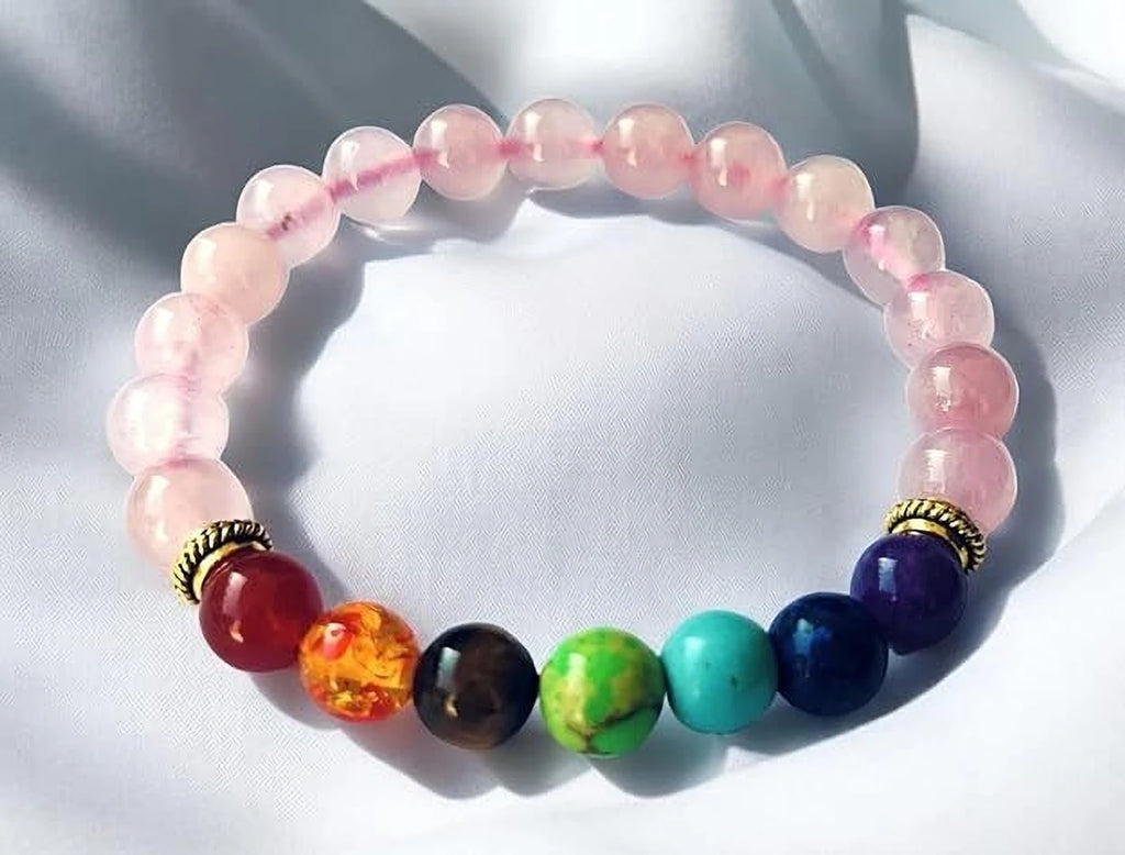 Rose Quartz & 7 Chakra Crystal Charm Bracelet – Love, Balance & Positive Energy
