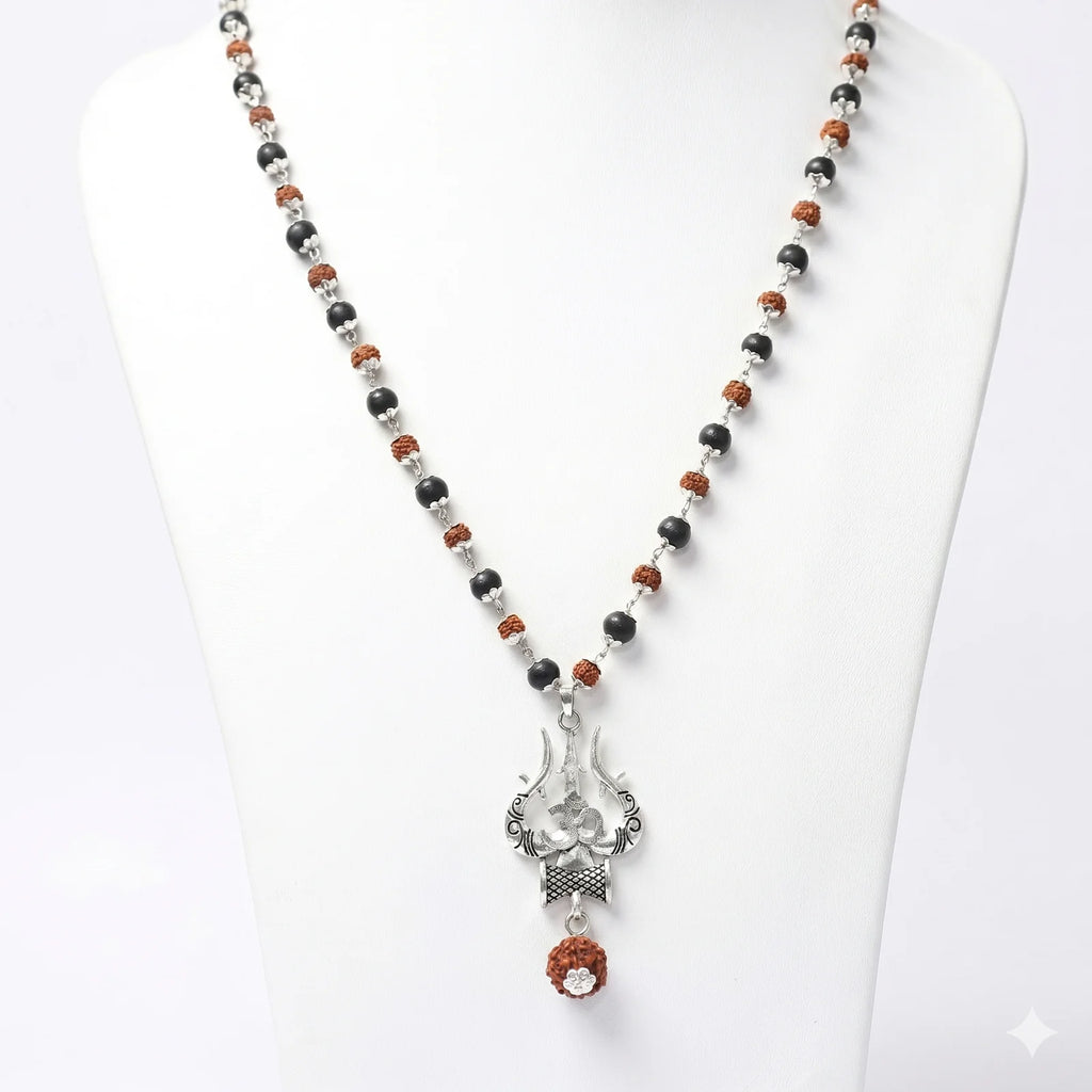 Rudraksha Karungali Mala in Silver-Cap with Shiv Trishul & Rudraksha Pendant