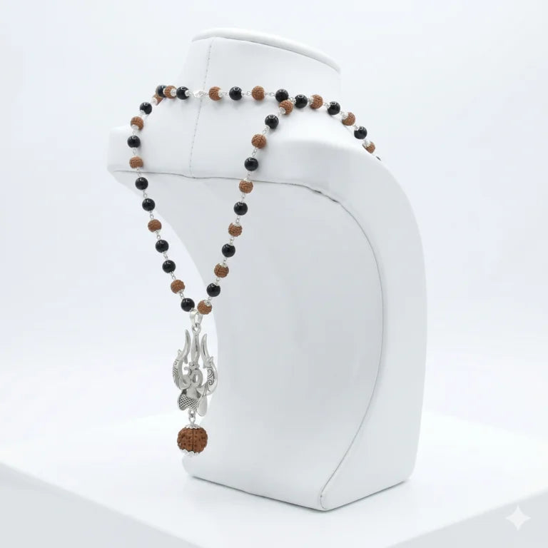 Rudraksha Karungali Mala in Silver-Cap with Shiv Trishul & Rudraksha Pendant