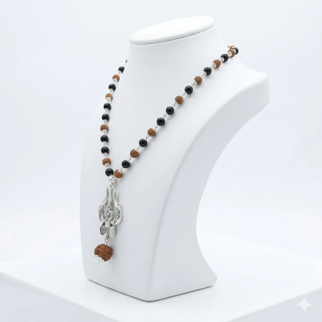 Rudraksha Karungali Mala in Silver-Cap with Shiv Trishul & Rudraksha Pendant