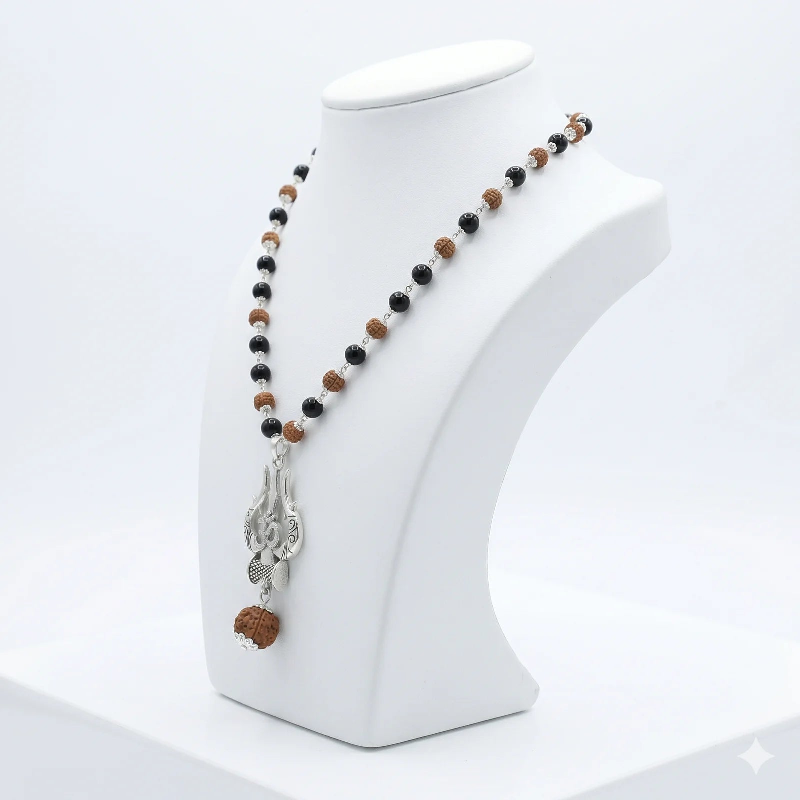 Rudraksha Karungali Mala in Silver-Cap with Shiv Trishul & Rudraksha Pendant