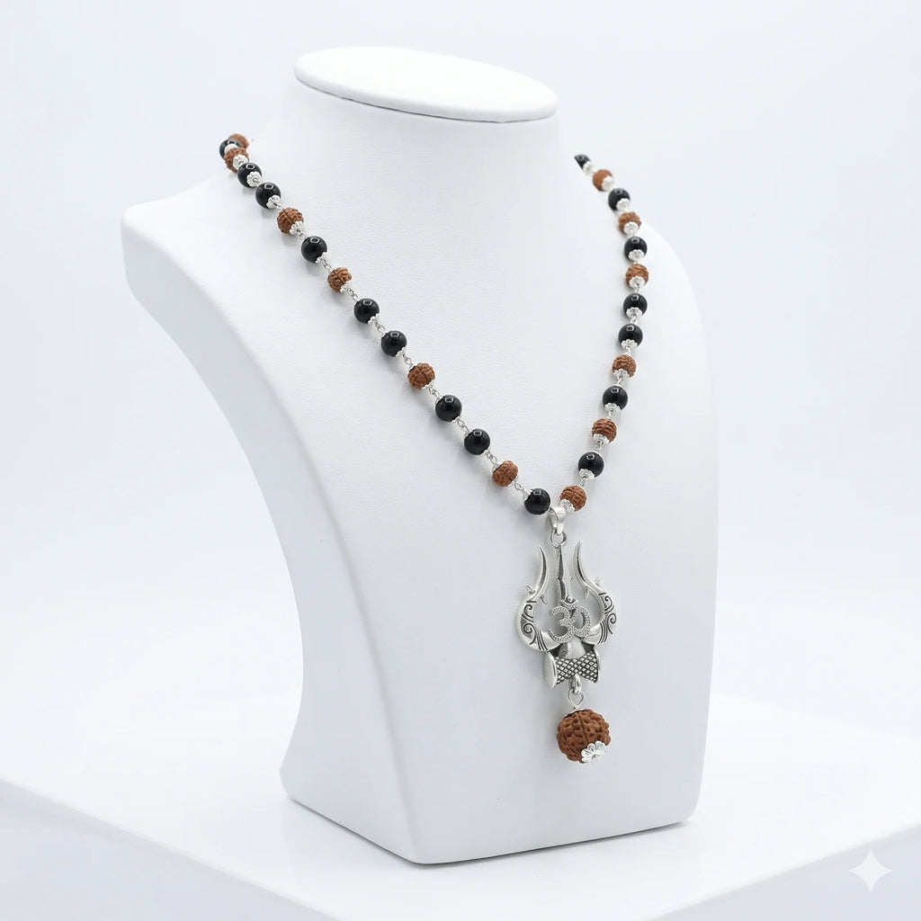 Rudraksha Karungali Mala in Silver-Cap with Shiv Trishul & Rudraksha Pendant