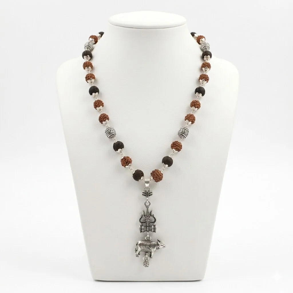 Rudraksha Karungali Malai in Silver-Cap with Shiv Trishul & Nandi Pendant