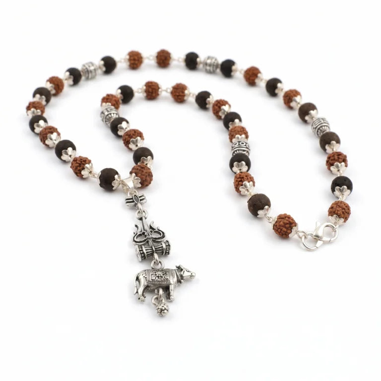 Rudraksha Karungali Malai in Silver-Cap with Shiv Trishul & Nandi Pendant