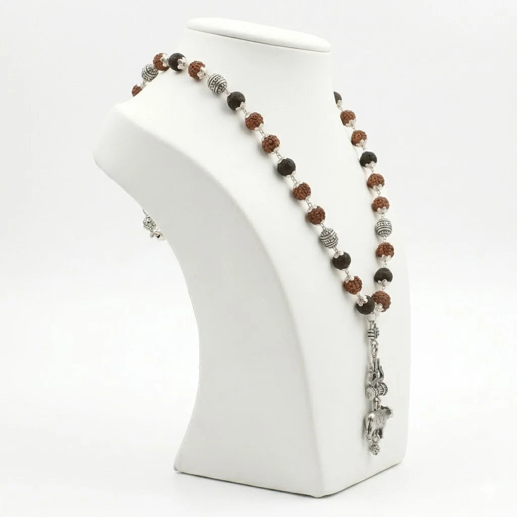 Rudraksha Karungali Malai in Silver-Cap with Shiv Trishul & Nandi Pendant