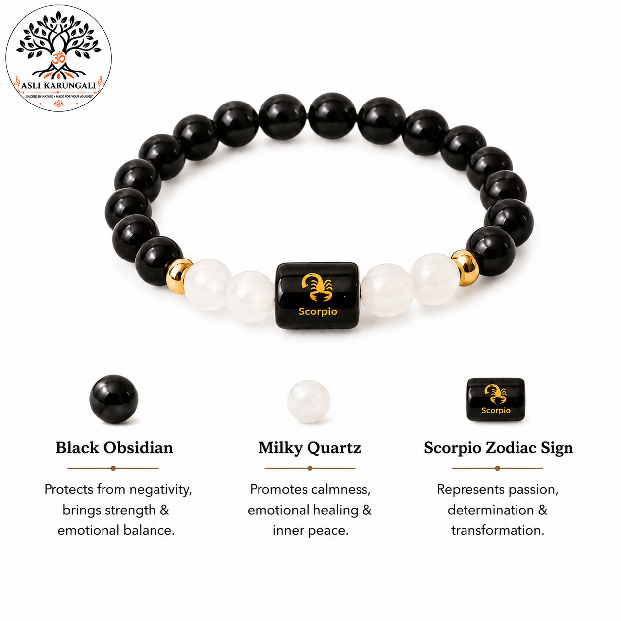 Scorpio (वृश्चिक राशि) Zodiac Black Obsidian & Milky Quartz Bracelet