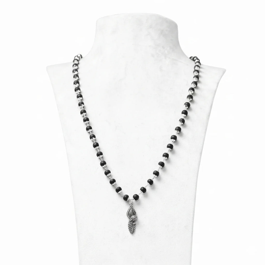Silver Cap Karungali Mala with Vel Peacock Pendant