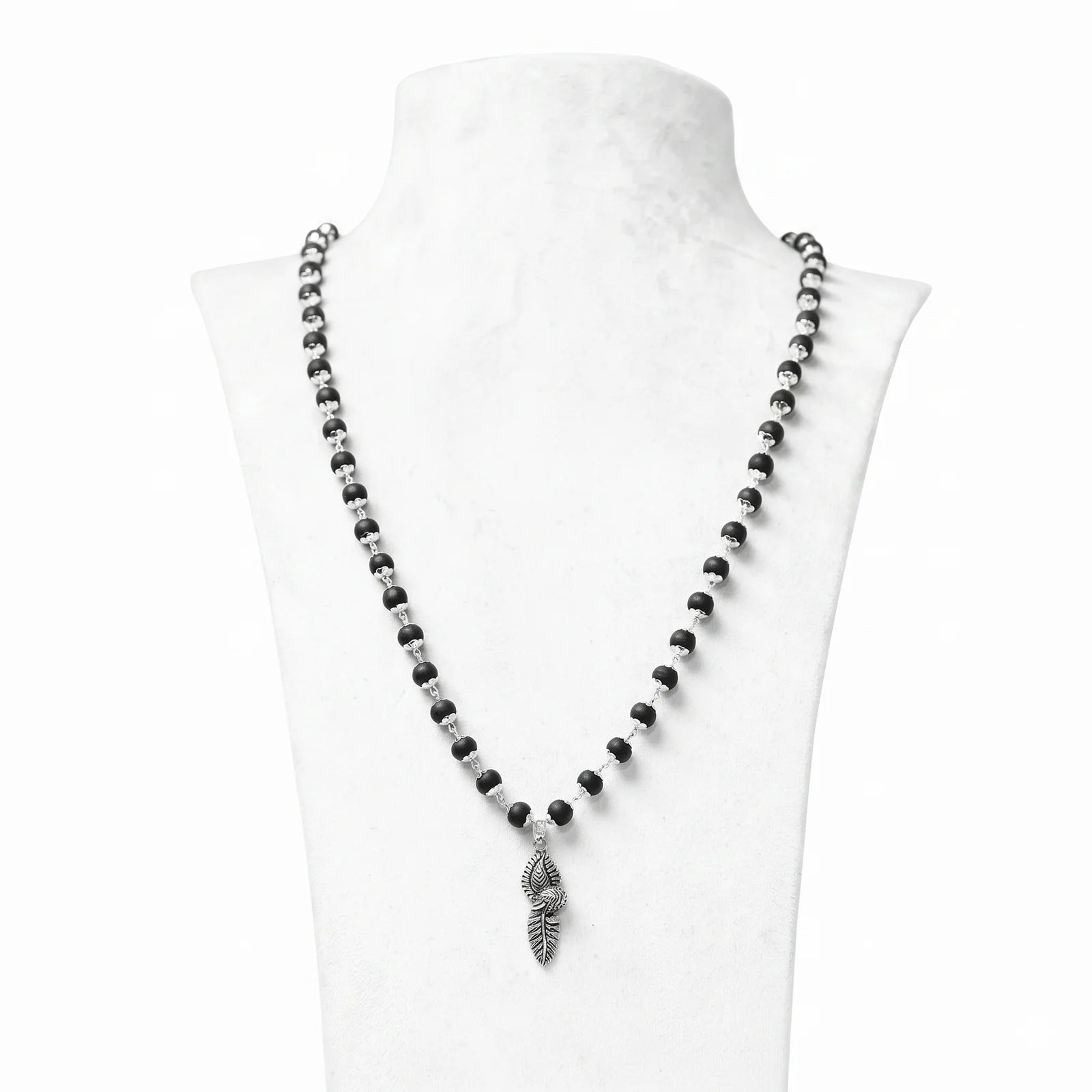 Silver Cap Karungali Mala with Vel Peacock Pendant
