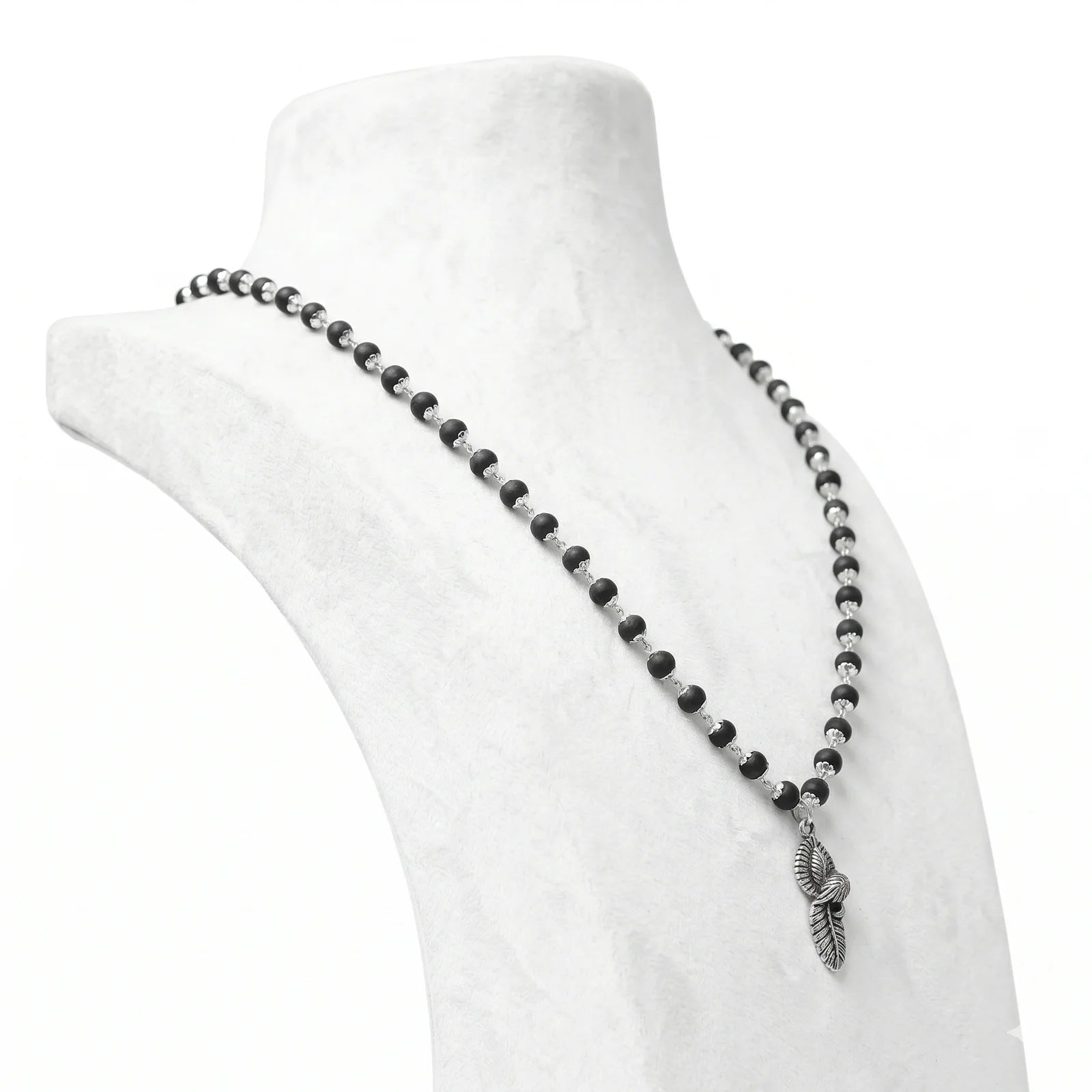 Silver Cap Karungali Mala with Vel Peacock Pendant