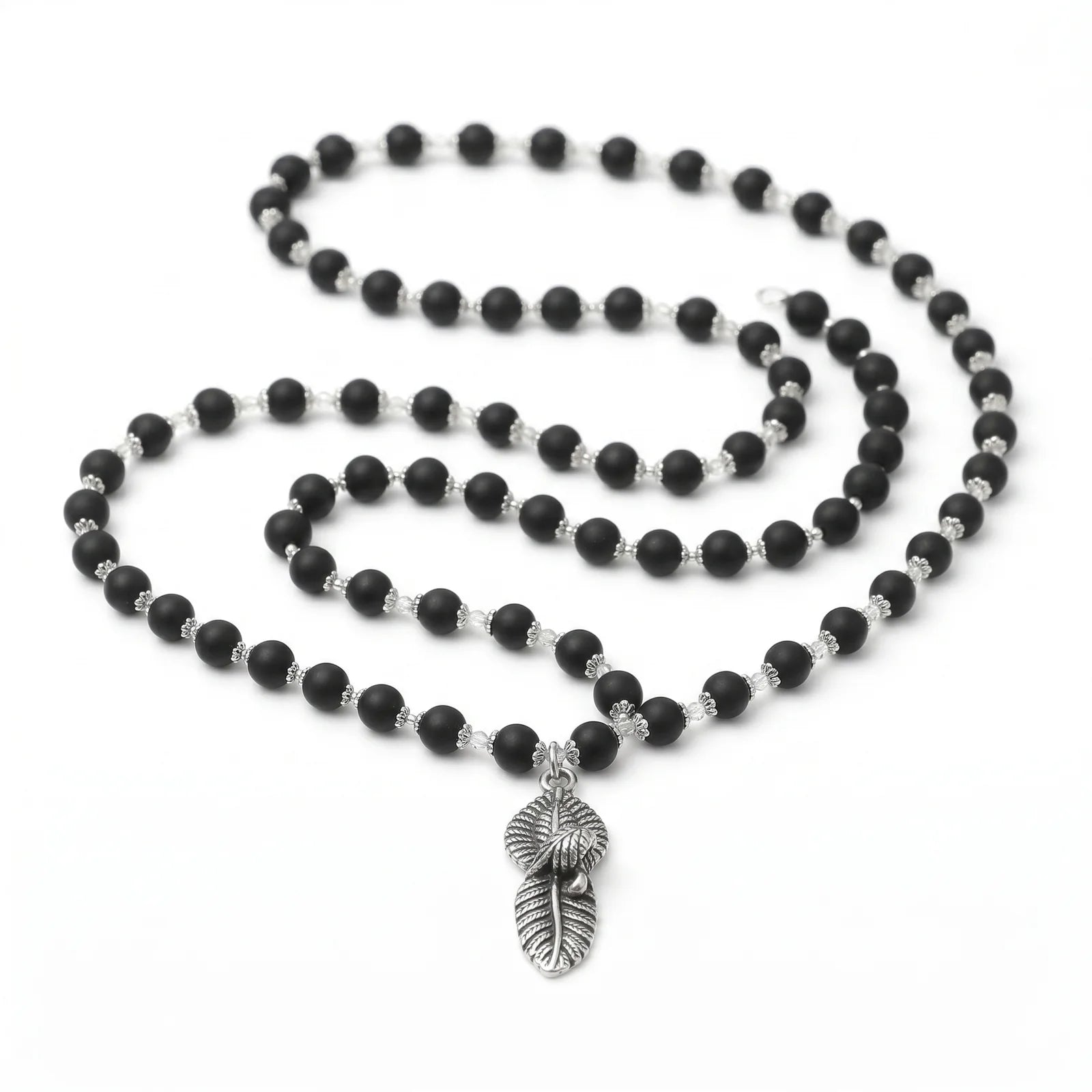 Silver Cap Karungali Mala with Vel Peacock Pendant