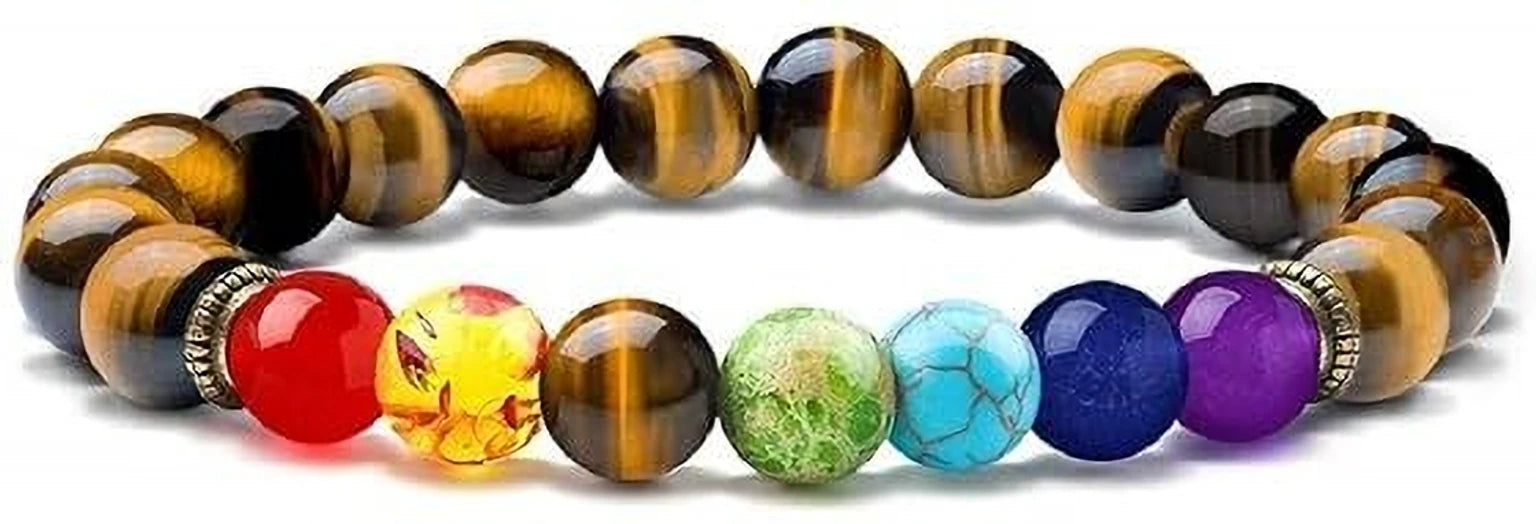 Tiger Eye & 7 Chakra Crystal Bracelet – Strength, Balance & Positive Energy
