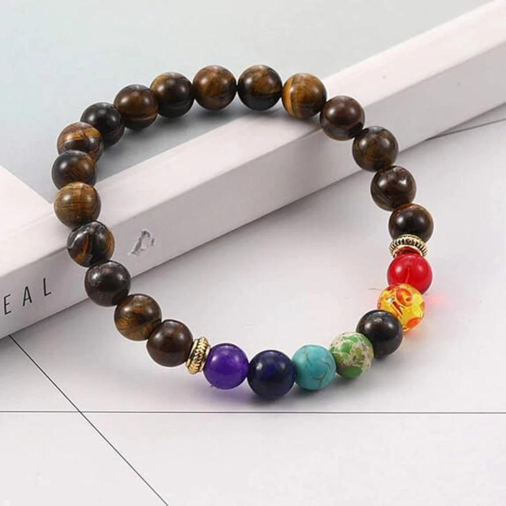 Tiger Eye & 7 Chakra Crystal Bracelet – Strength, Balance & Positive Energy