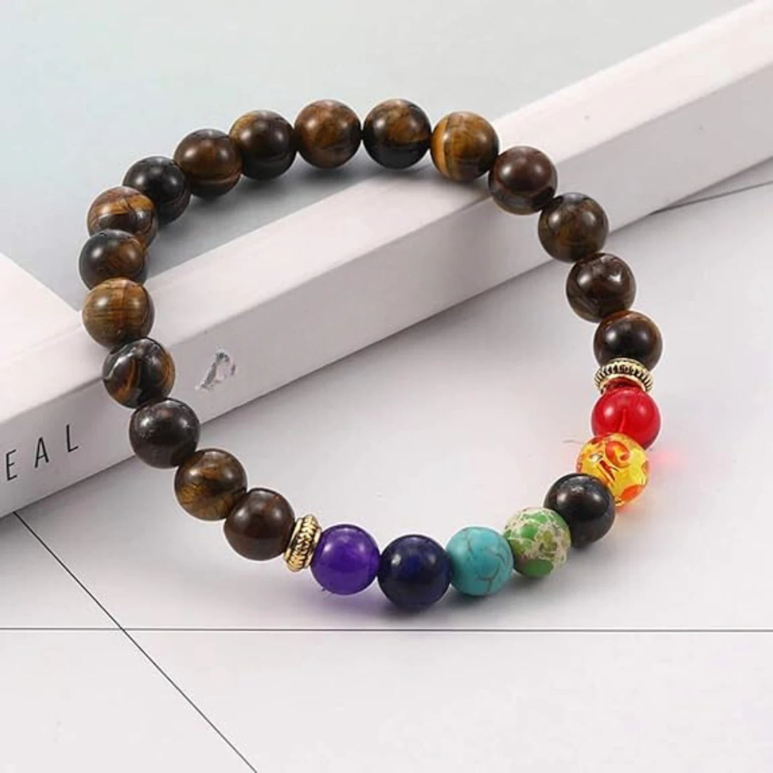 Tiger Eye & 7 Chakra Crystal Bracelet – Strength, Balance & Positive Energy