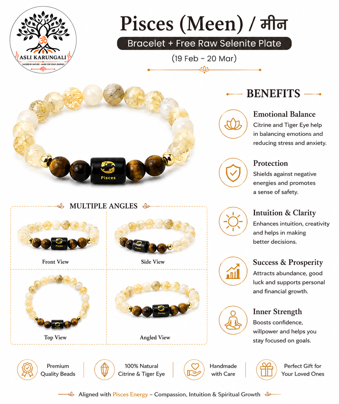 Pisces (मीन राशि) Zodiac Citrine & Tiger Eye Bracelet