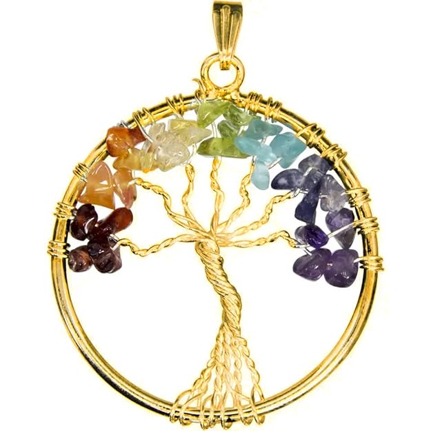 Tree of Life Golden Wire Wrapped Pendant Necklace With Wax cord Reiki Natural Stone Crystal Gemstone Necklace for Women and Men Meditation