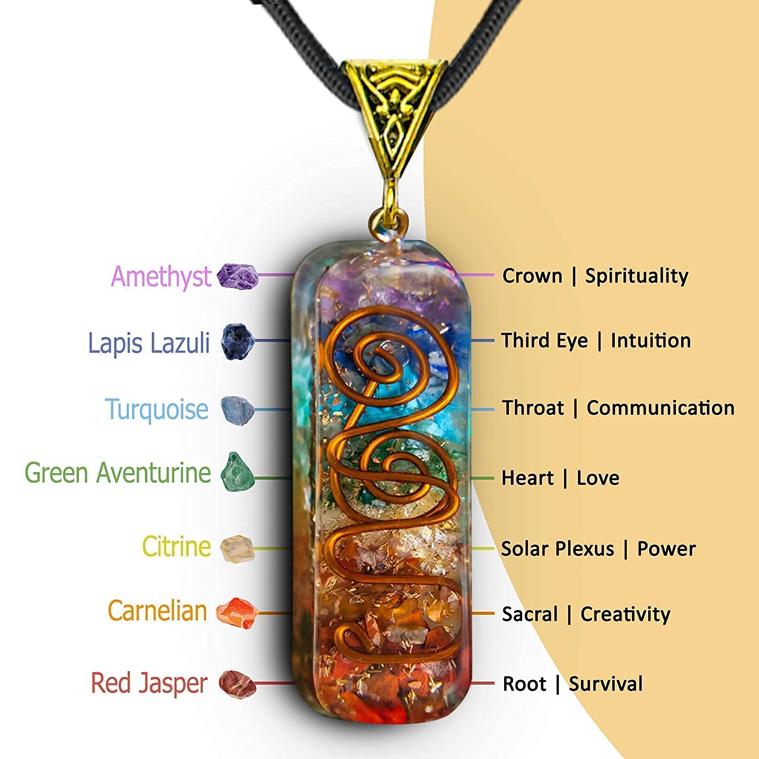 7 Chakra Orgone Stones Necklace for E Energy Protection and Spiritual Healing Orgonite Necklace Pipe Pendant unisex WAHGEMS.COM